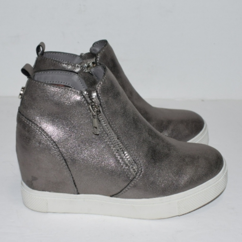 Steve Madden Metallic Pewter High-Top Wedge Sneakers with White Sole - Picture 3 of 16
